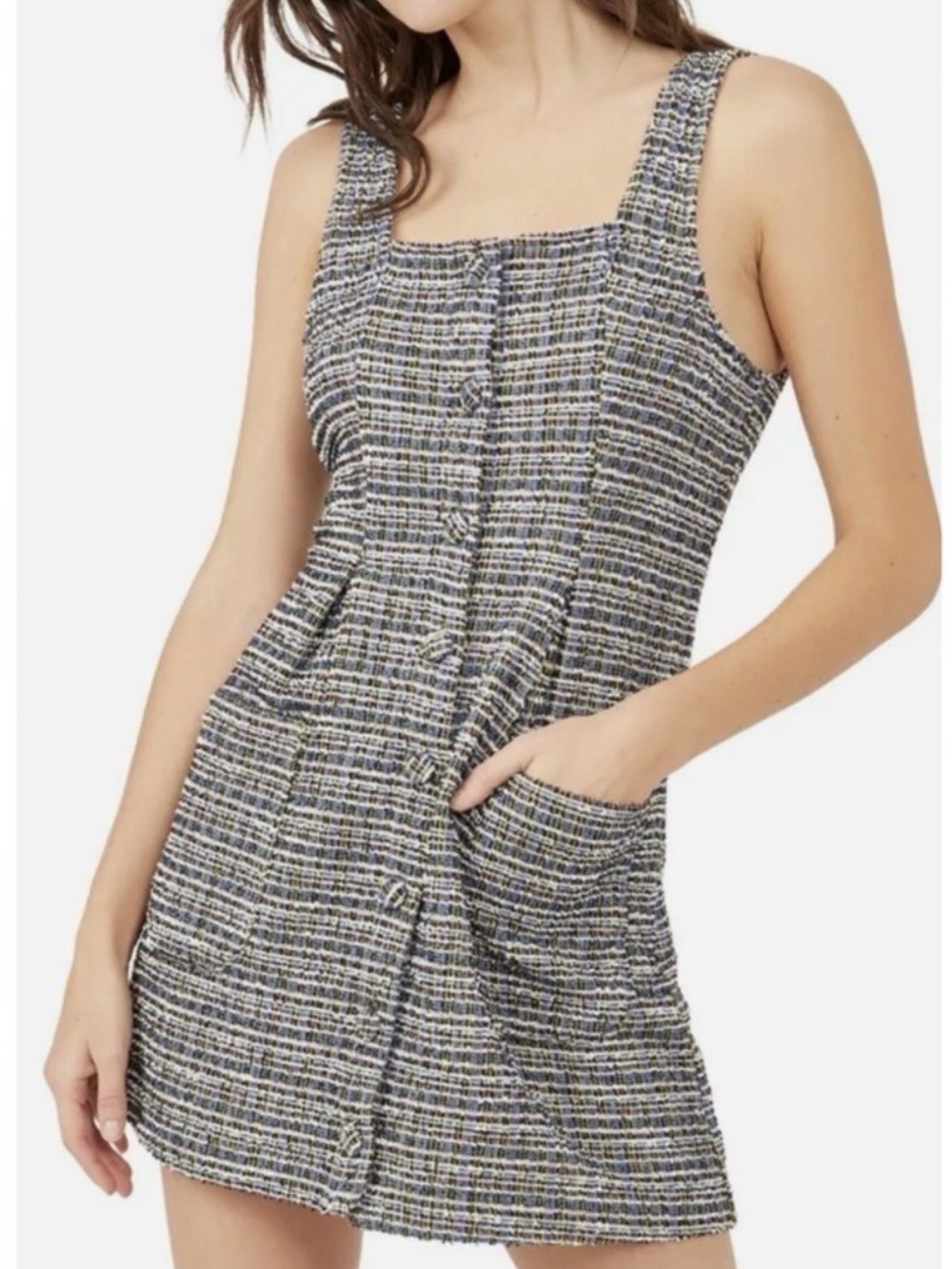 Free People Size XS Maxx Mini Shift Dress Blue Red Yellow Tweed Pockets Buttons